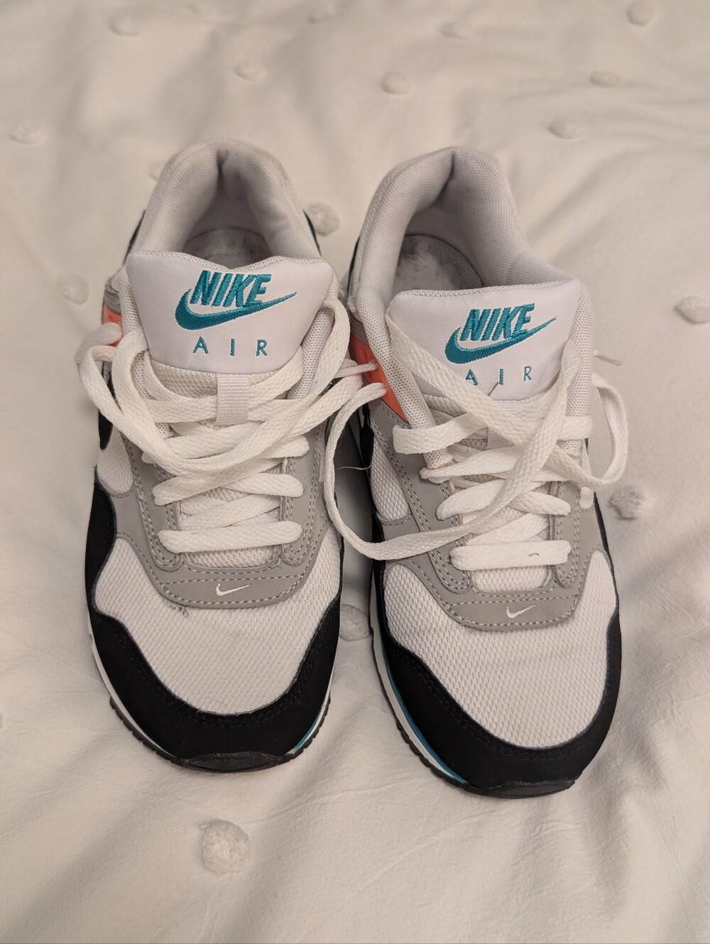 Nike Air Sneakers in White, Black and Teal with Coral Accent
